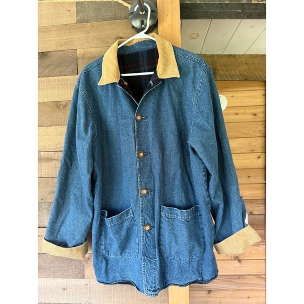Vintage Reversible Denim Barn Jacket Plaid Corduroy Lining Chore Coat Blue Tan